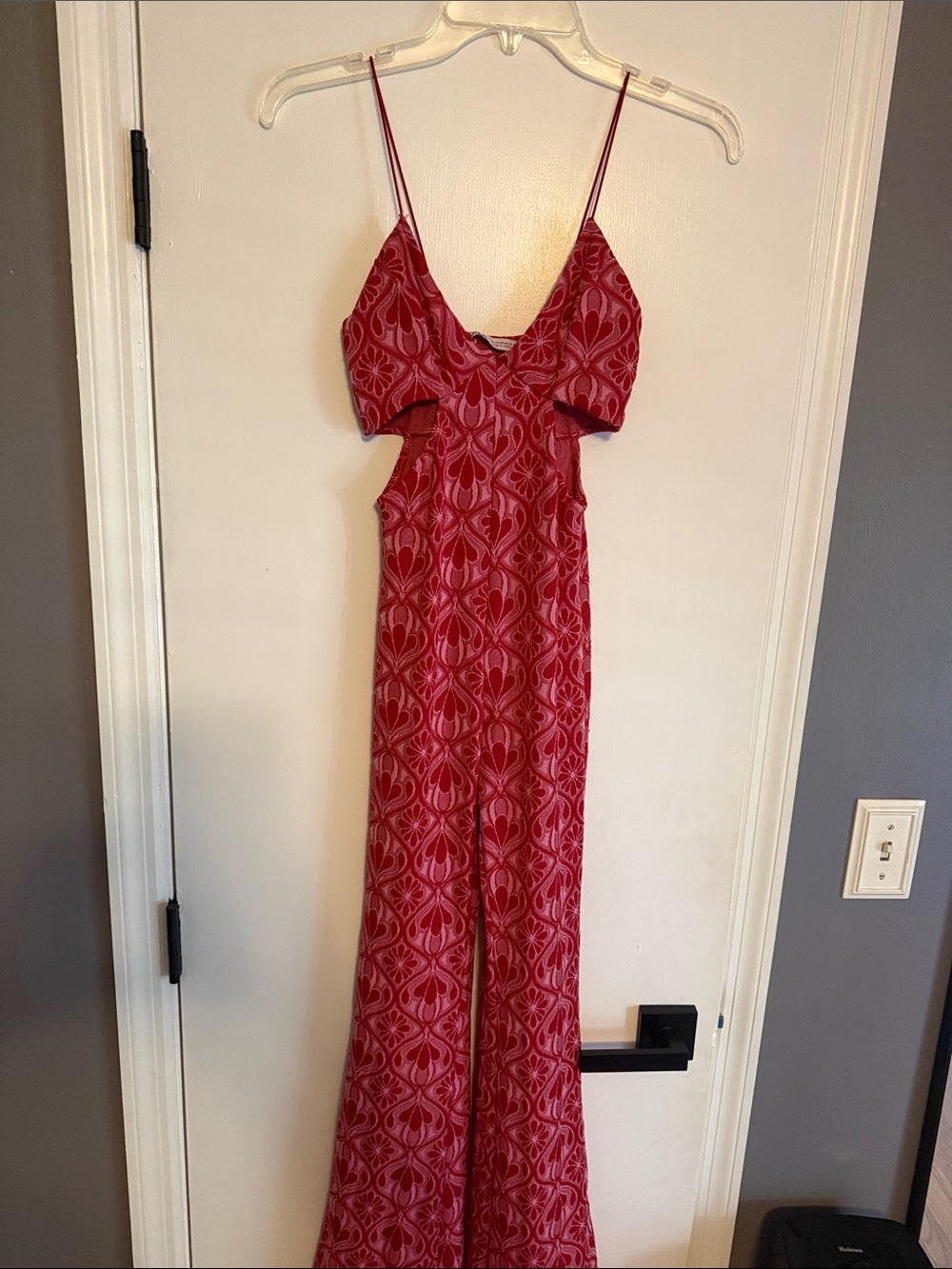 Zara Red Patterned Cutout Spaghetti-Strap Jumpsuit